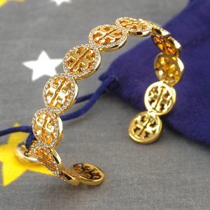 Tory Burch Miller Pave Repeating Logo Crystal Cuff Bracelet Bangle in Tory Gold